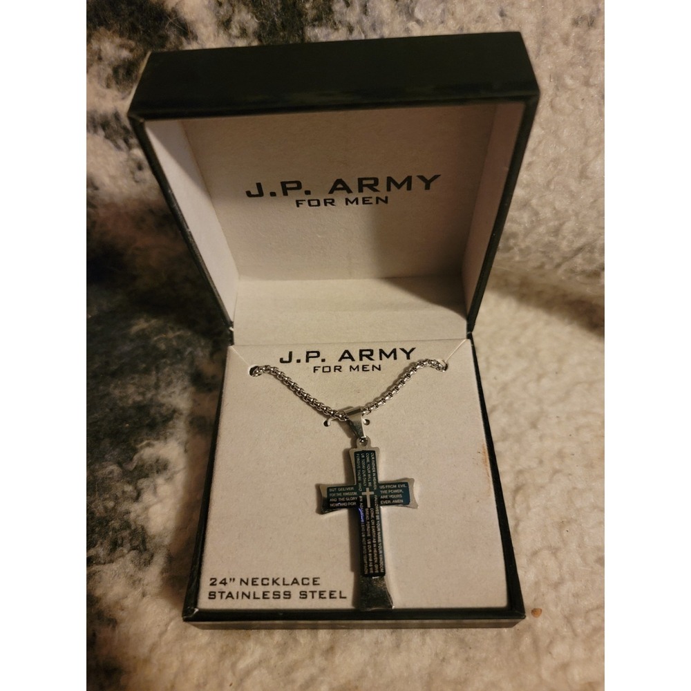 J.P. Army Lord's Prayer‎ Cross Necklace | 24" Stainless Steel | Box